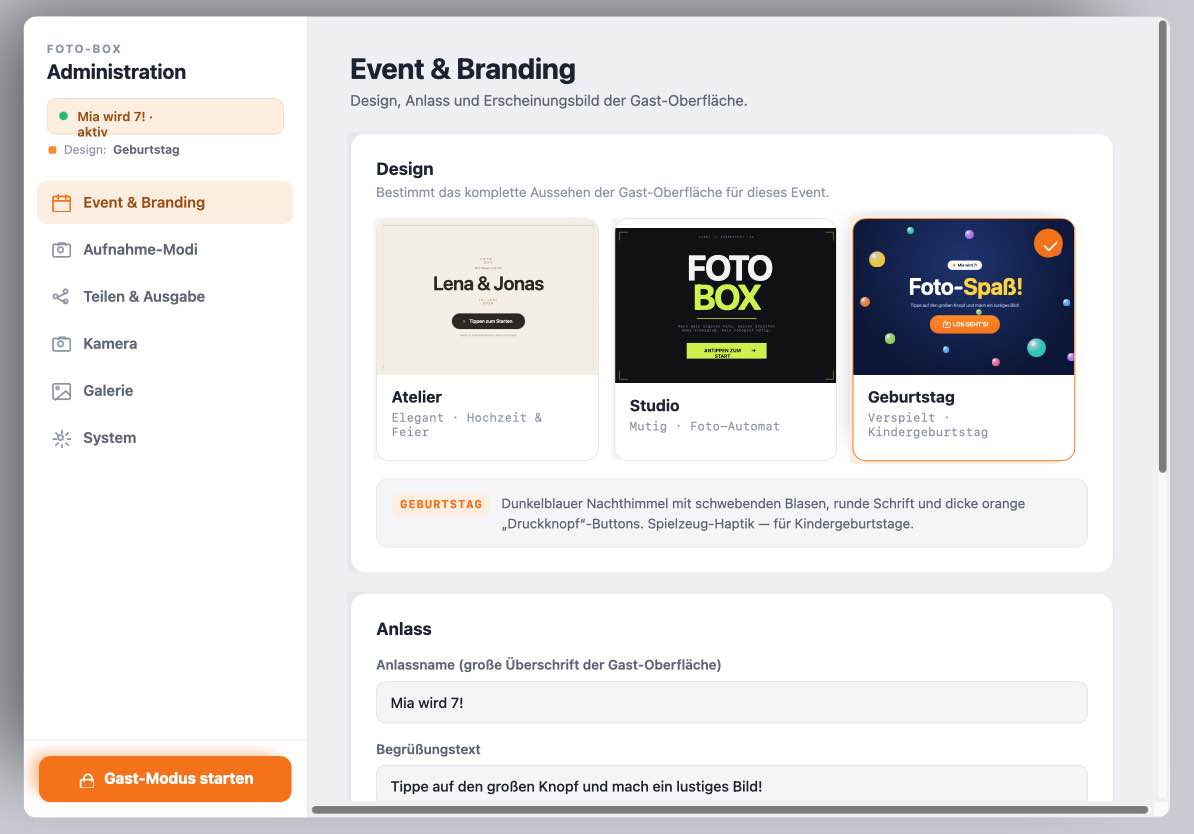 Admin-Bereich: Design-Auswahl mit Live-Vorschau der drei Designs