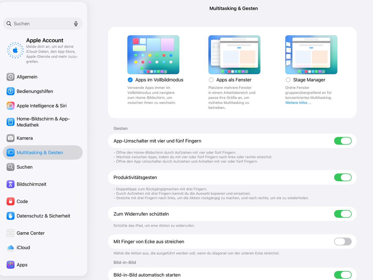 iPad-Einstellungen, Bereich „Multitasking & Gesten“: Die Option „Apps im Vollbildmodus“ ist ausgewählt, daneben „Apps als Fenster“ und „Stage Manager“