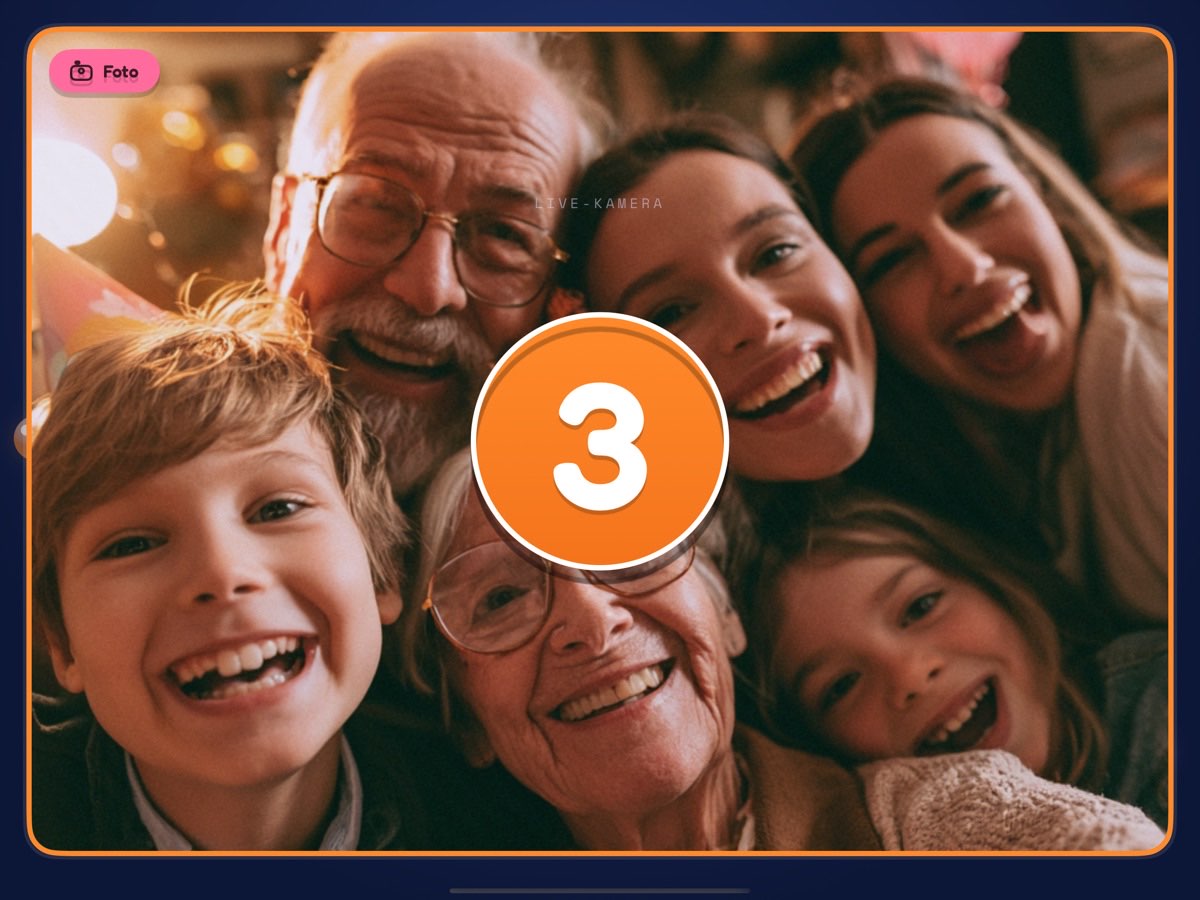 Countdown: große Ziffer „3“ über dem Live-Bild