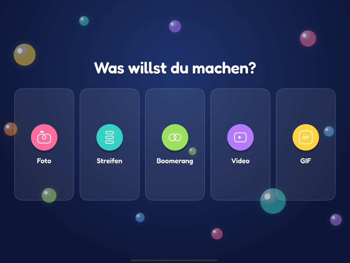 Modus-Wahl im Design „Geburtstag“: fünf große Kacheln — Foto, Streifen, Boomerang, Video, GIF